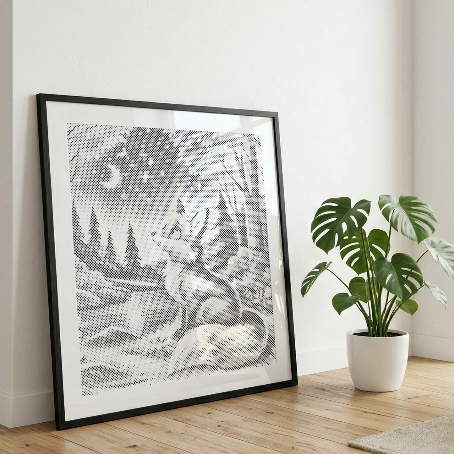 Starry Night in the Forest Dot Painting Kit in black frame 