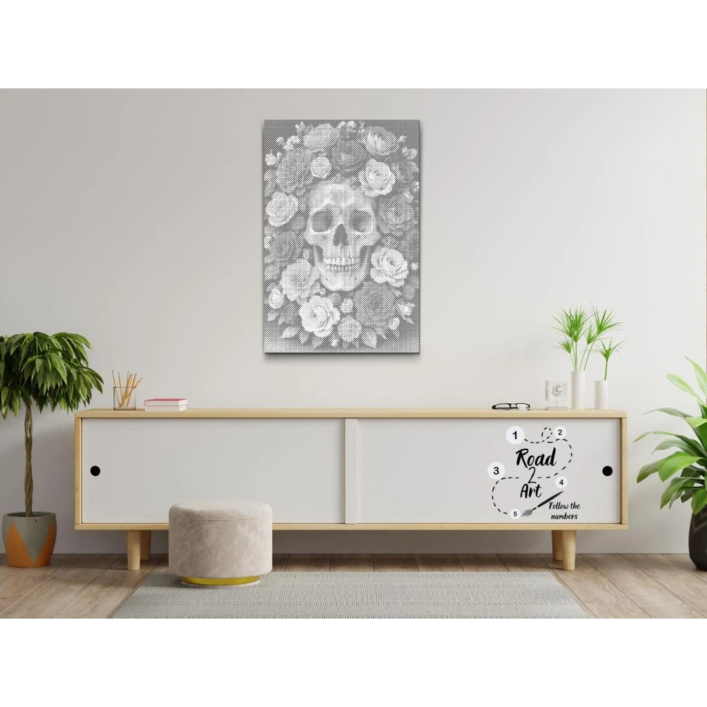 Skull in a Sea of Roses | Dot Painting Kit som färdigt prickmålning motiv
