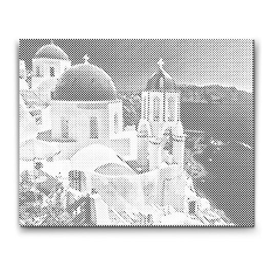 Dot Painting: Santorini mit weißen Kuppeln und Kirche am Meer