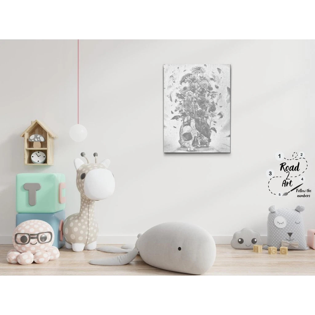Skull Vase Floral Still Life | Dot Painting Kit som färdigt prickmålning motiv
