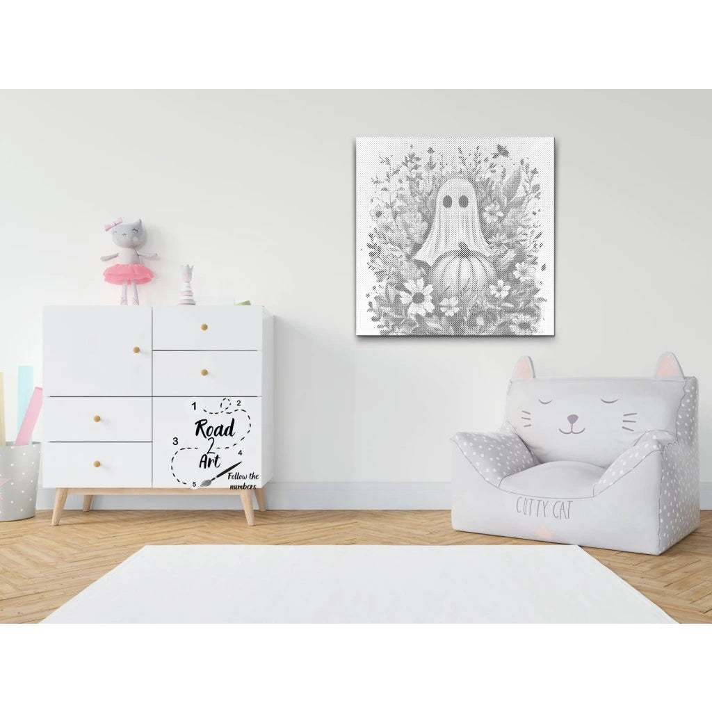 Ghost with Pumpkin and Flowers Halloween | Dot Painting Kit som färdigt prickmålning motiv