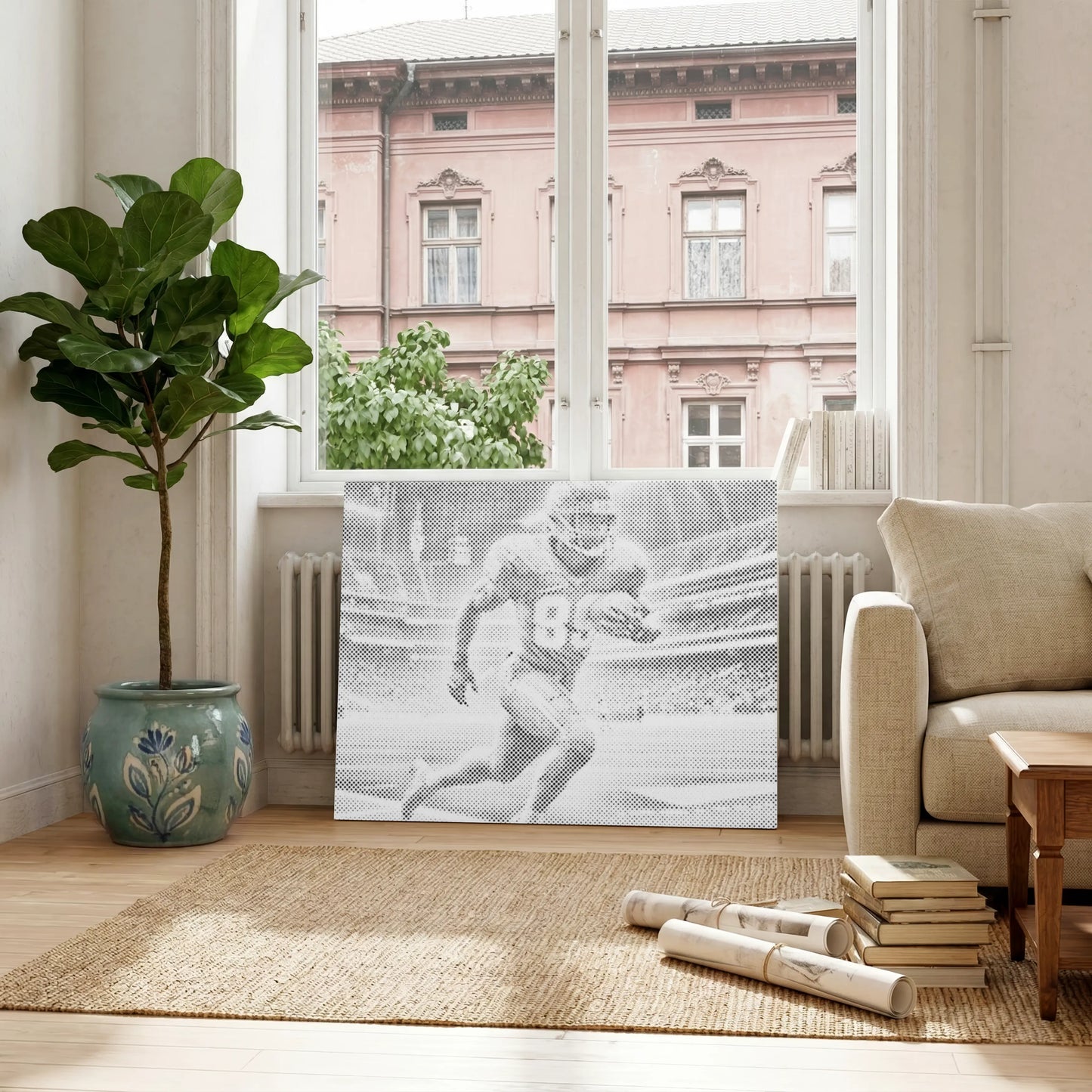 Dot Painting from Paint By Dots  Living room with a large window, plant, and sports-themed artwork on the wall.