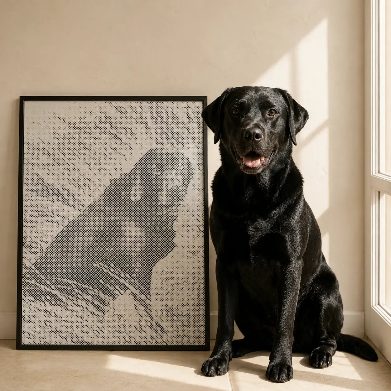 Prickmålning av eget foto med hund bredvid den färdiga tavlan