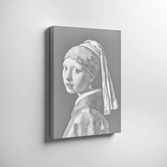 Canvas print of 'Girl with a Pearl Earring' by Johannes Vermeer on a white wall.