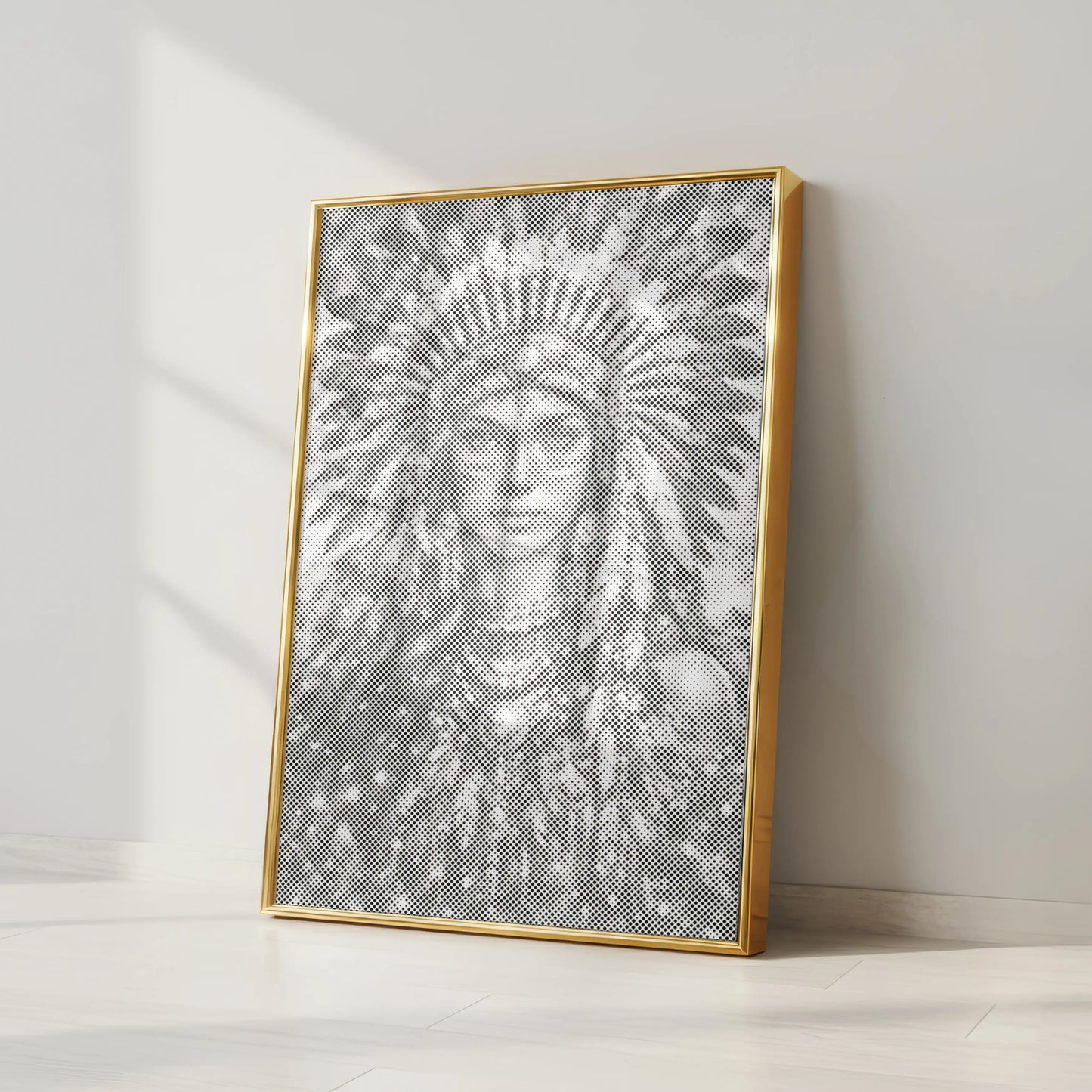 Framed artwork of a face with a decorative headpiece on a white wall. Native American Woman Portrait | Dot Painting Kit