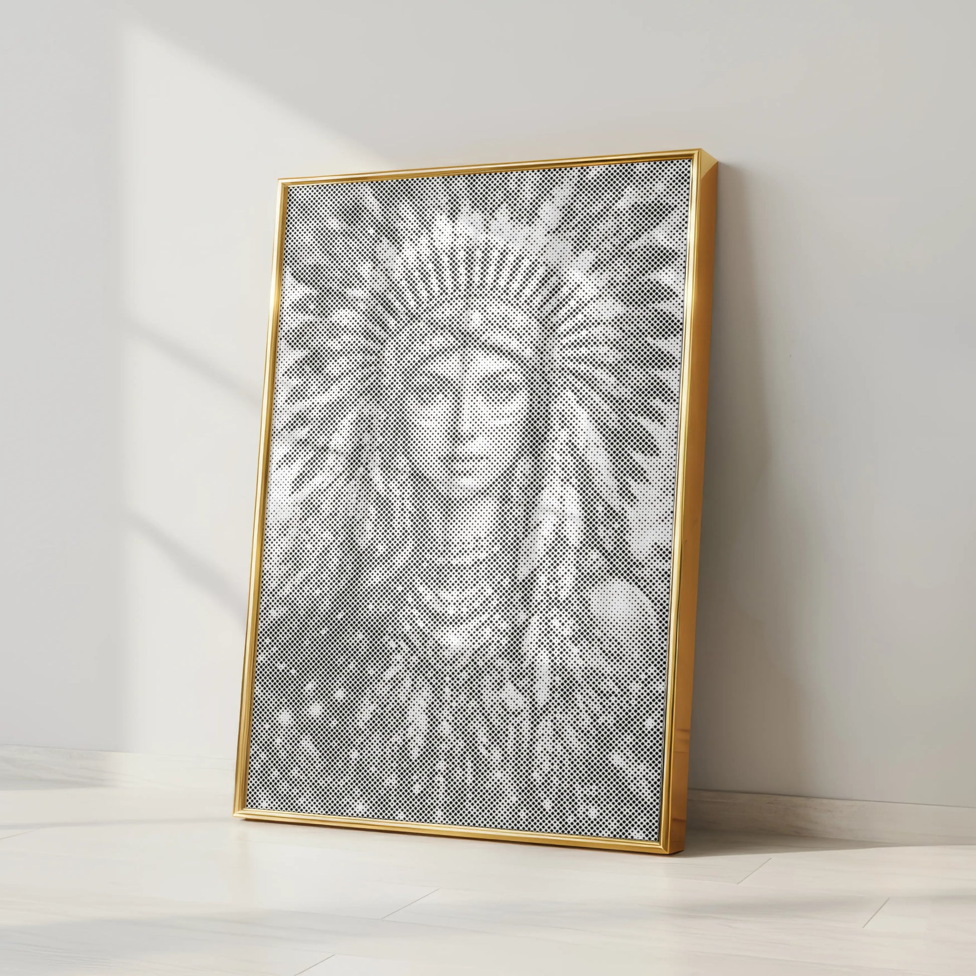 Framed artwork of a face with a decorative headpiece on a white wall. Native American Woman Portrait | Dot Painting Kit