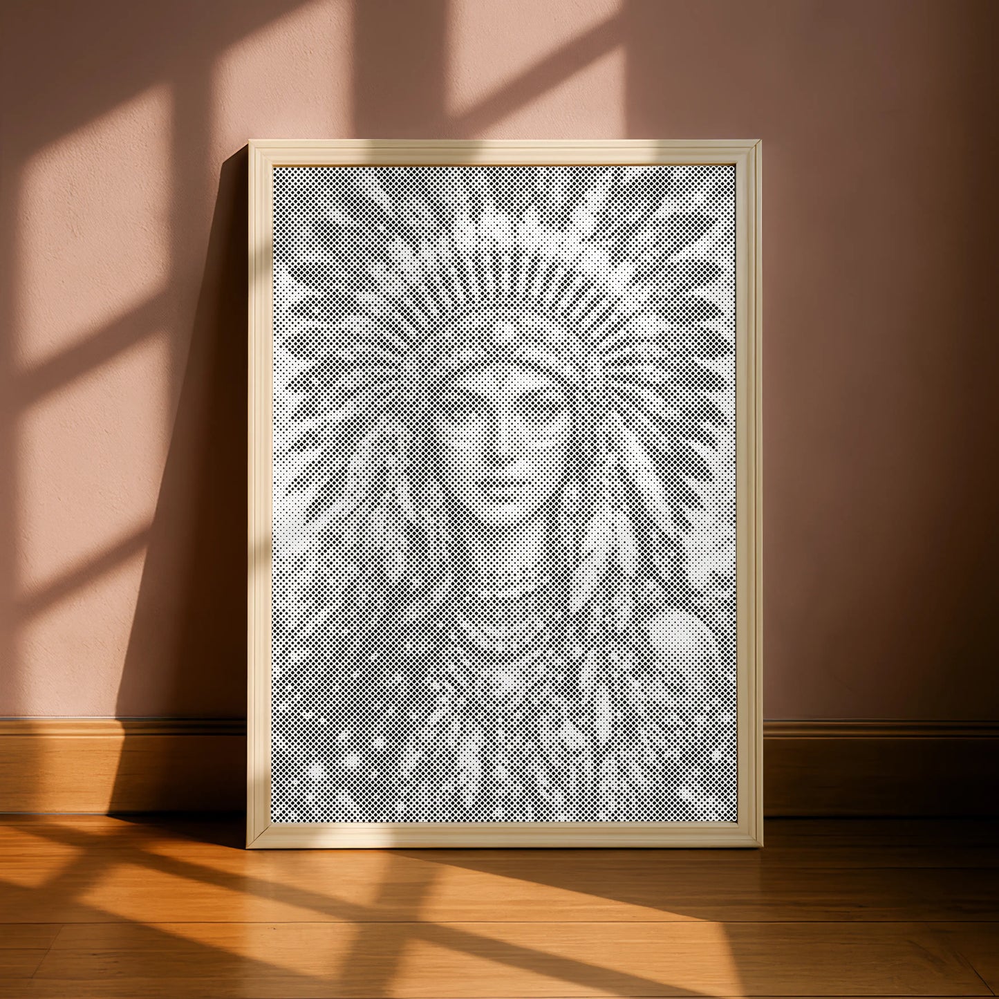 Framed artwork of a person wearing a headdress on a wall with sunlight casting shadows. Native American Woman Portrait | Dot Painting Kit