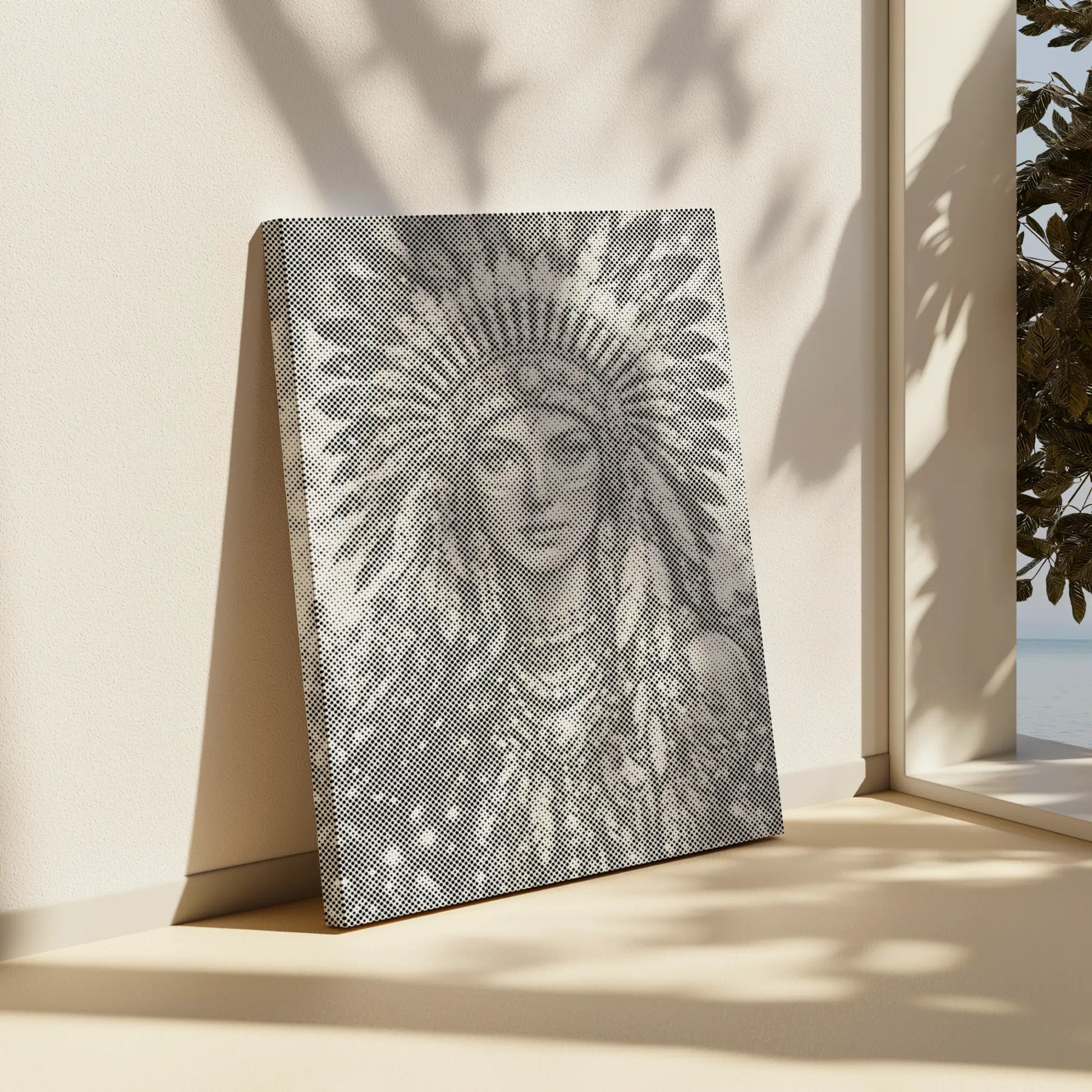 Canvas print of a person wearing a headdress on a beige surface with a window in the background. Native American Woman Portrait | Dot Painting Kit