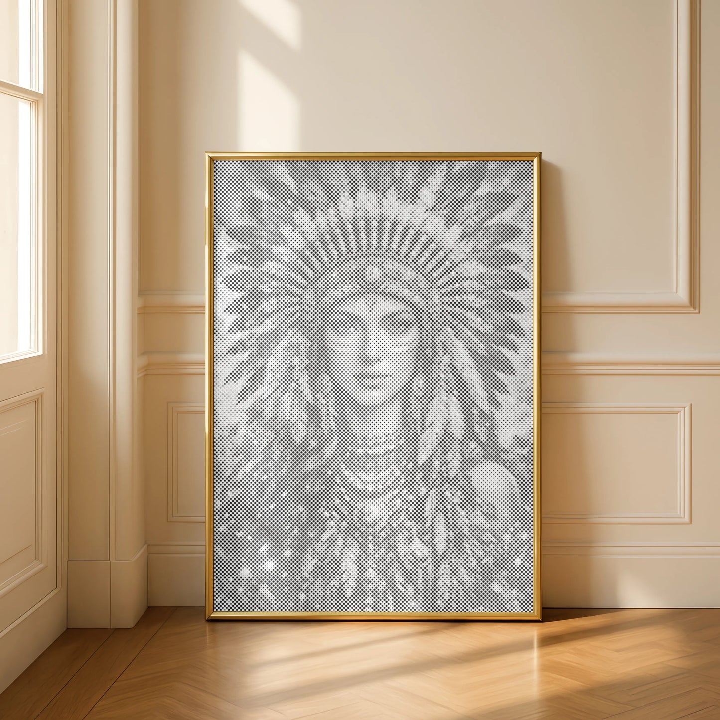 Framed artwork of a person wearing a headdress in a room with wooden flooring and paneling. Native American Woman Portrait | Dot Painting Kit