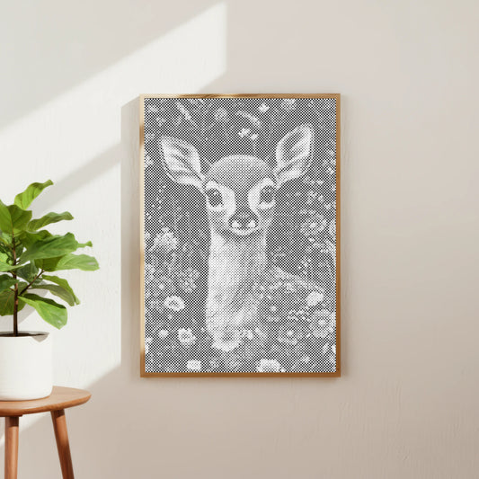 Framed artwork of a deer in a floral pattern on a wall next to a plant. Dot Painting Kit Fawn – Quiet Meadow | Paint by Dots